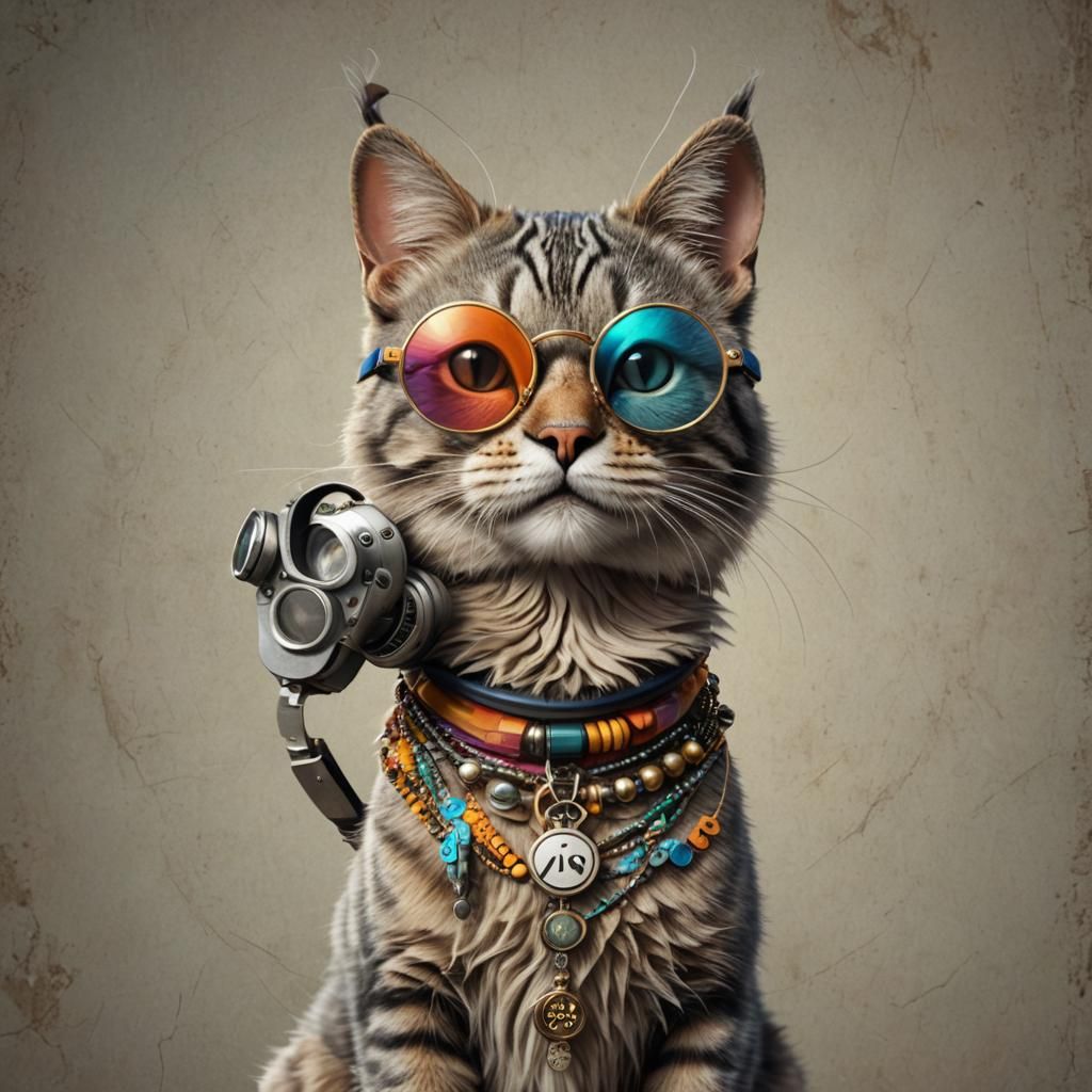 Anthropomorphic Cat Hippie Portrait in 1960s Style