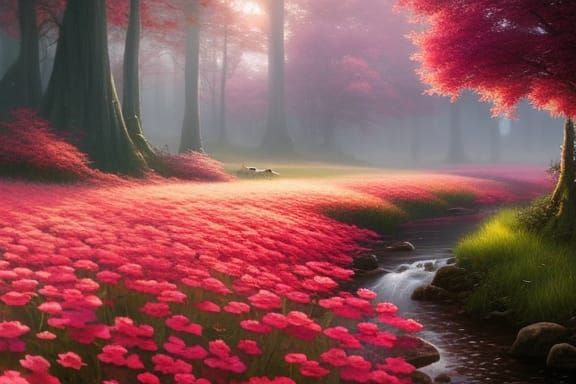 Fantasy Landscape: Roses and Cherry Blossoms in Ethereal Gar...