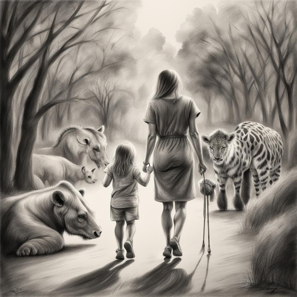 Charcoal Drawing of Mother and Daughter at Zoo