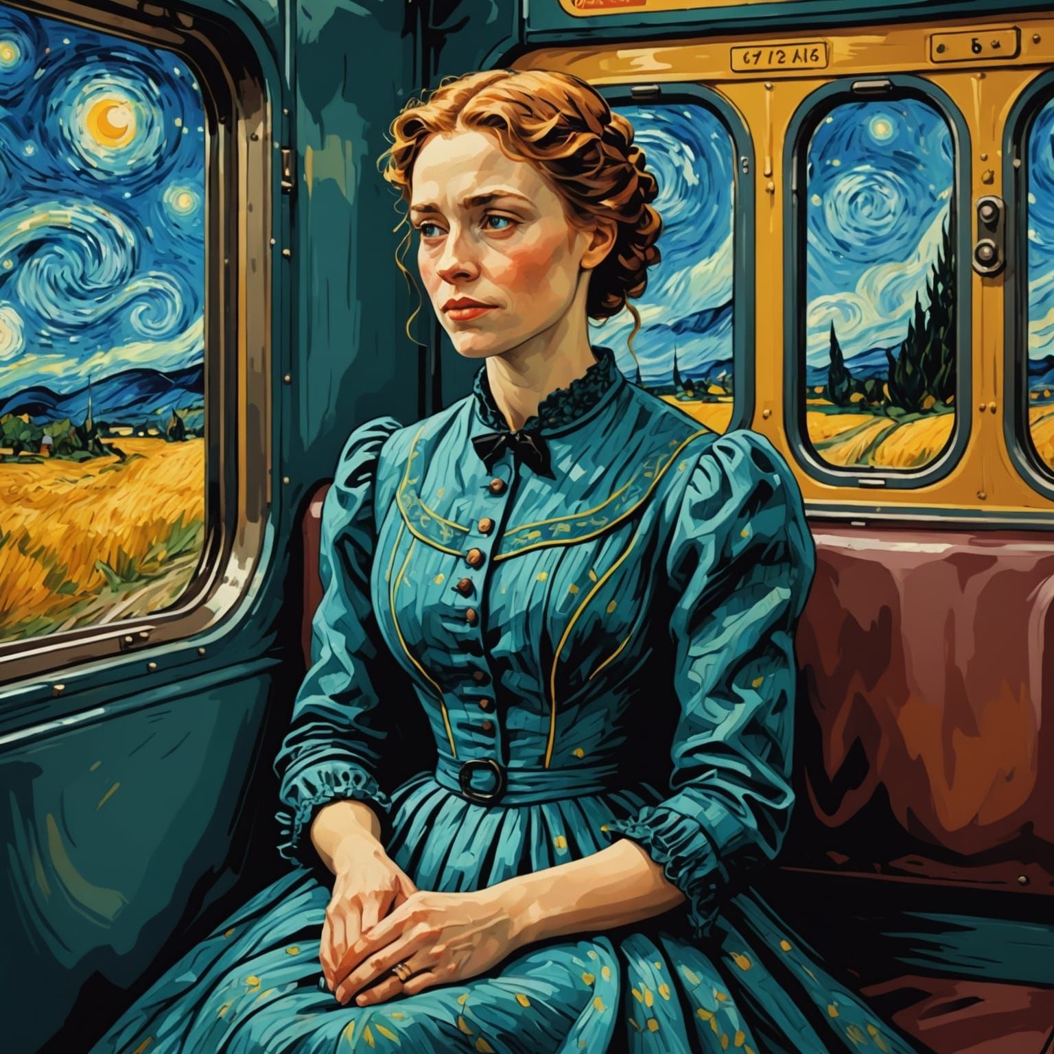 Woman on Train in Van Gogh Style Victorian Dress