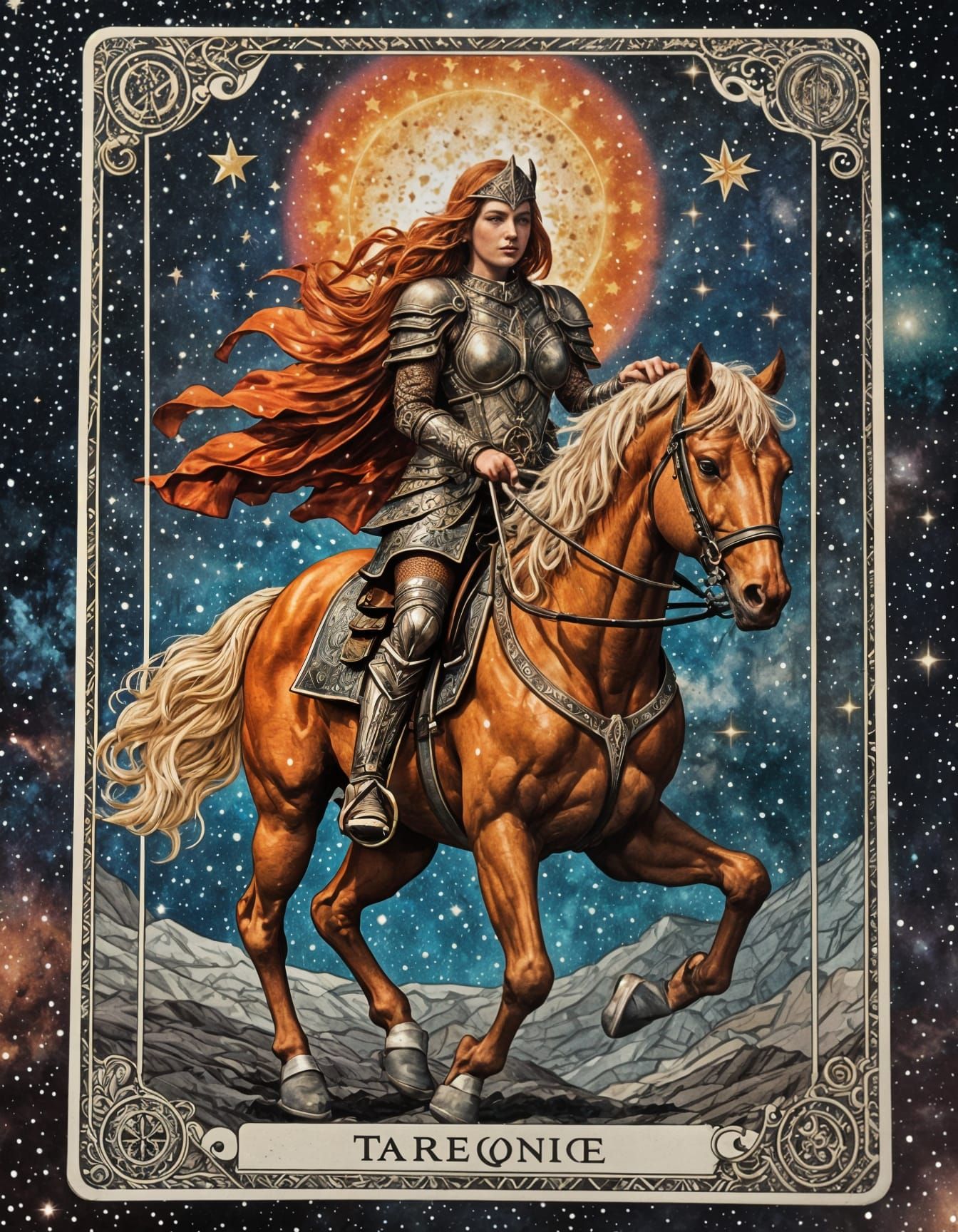 Fiery Warrior Tarot Card in Spacecore Style