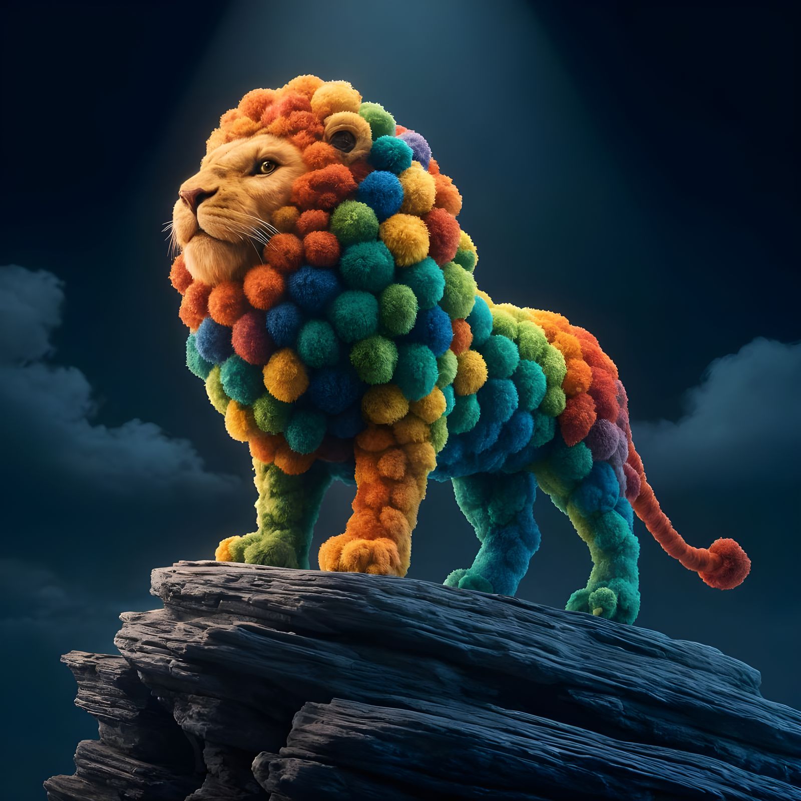 Vibrant Pom-Pom Lion Statue on Rocky Outcrop