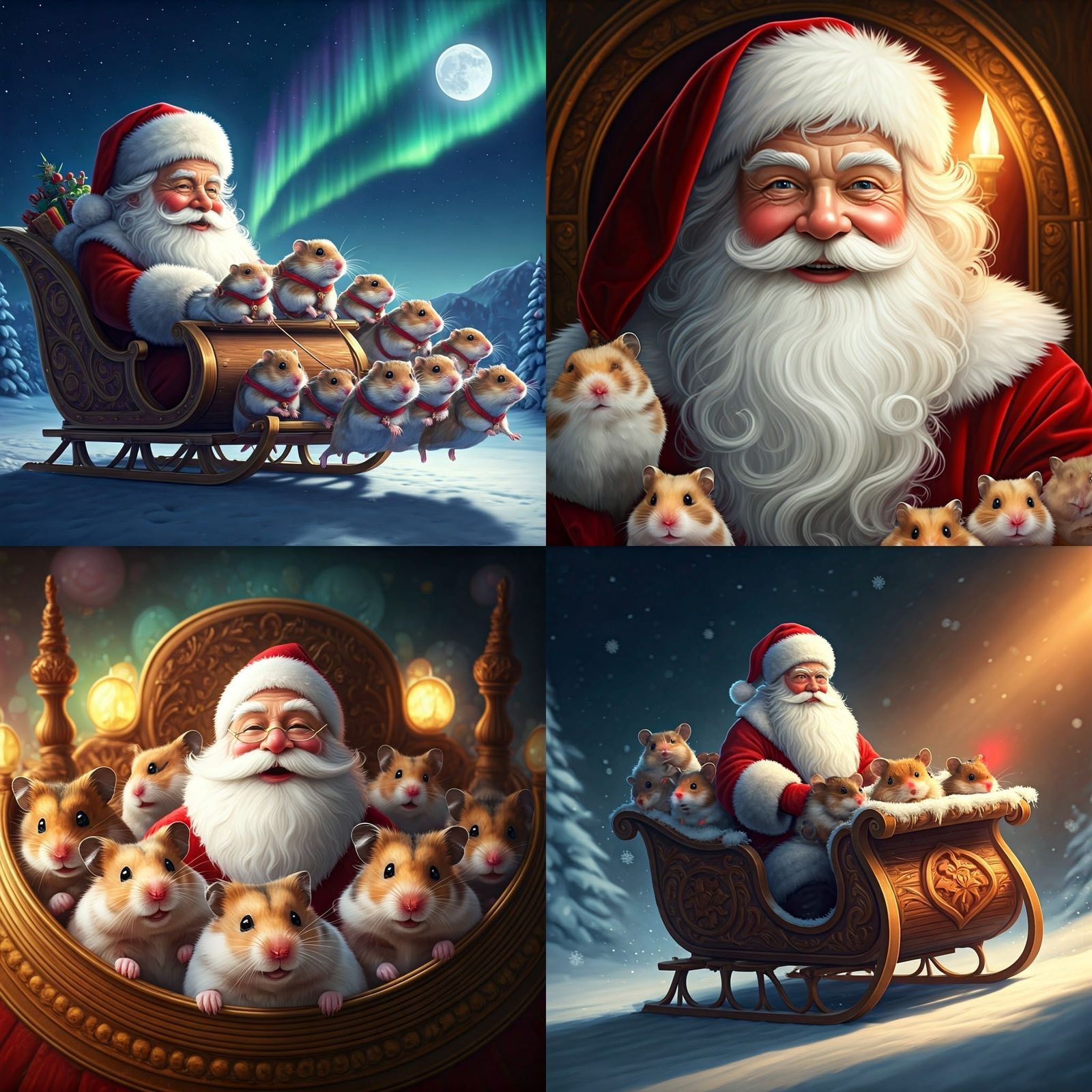 Santa's Sleigh Pulled by Hamsters: Hyperrealistic Image