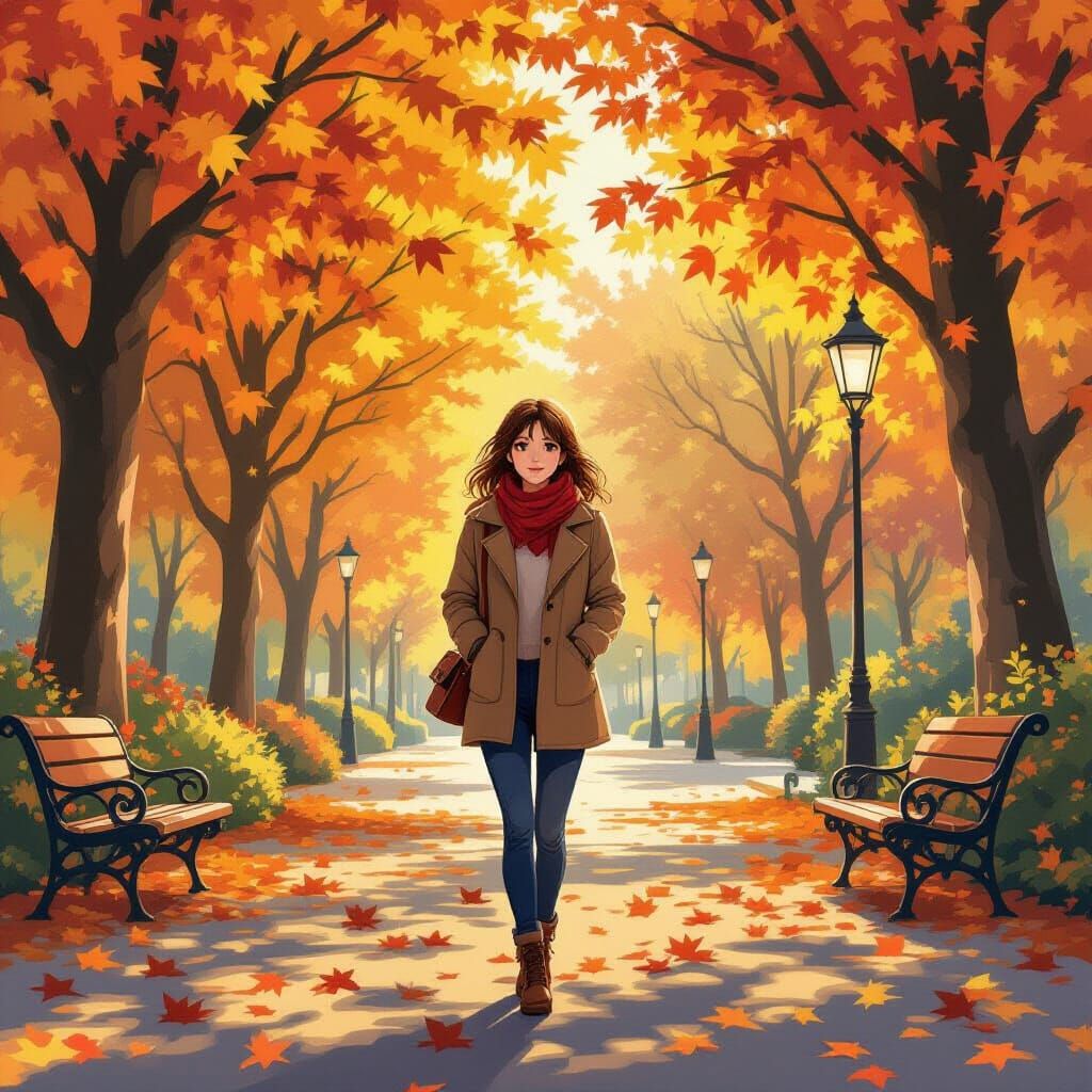 Autumn Park Stroll: Woman Amidst Fallen Leaves, Warm Sunligh...