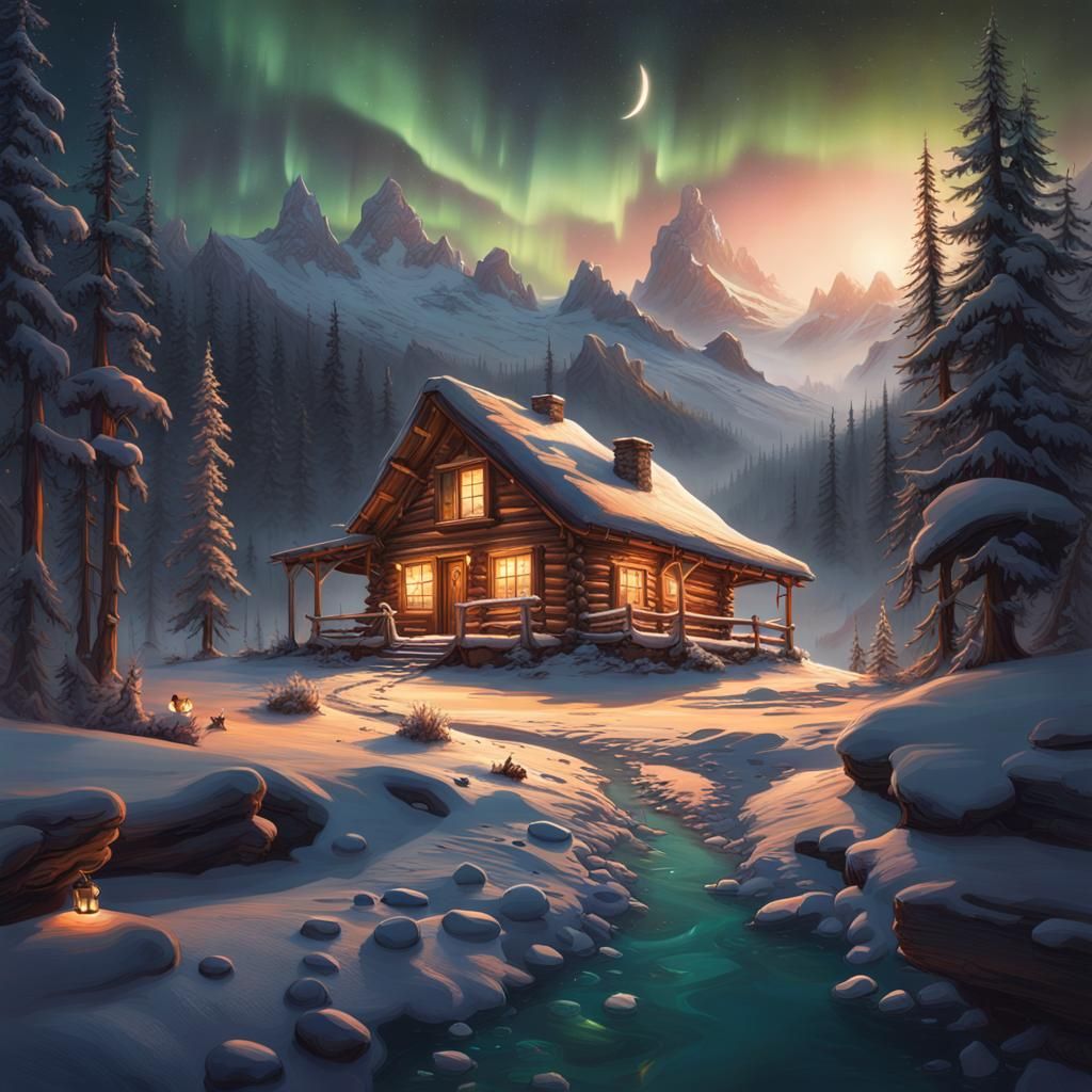 Winter Cabin Under Aurora Borealis and Meteors