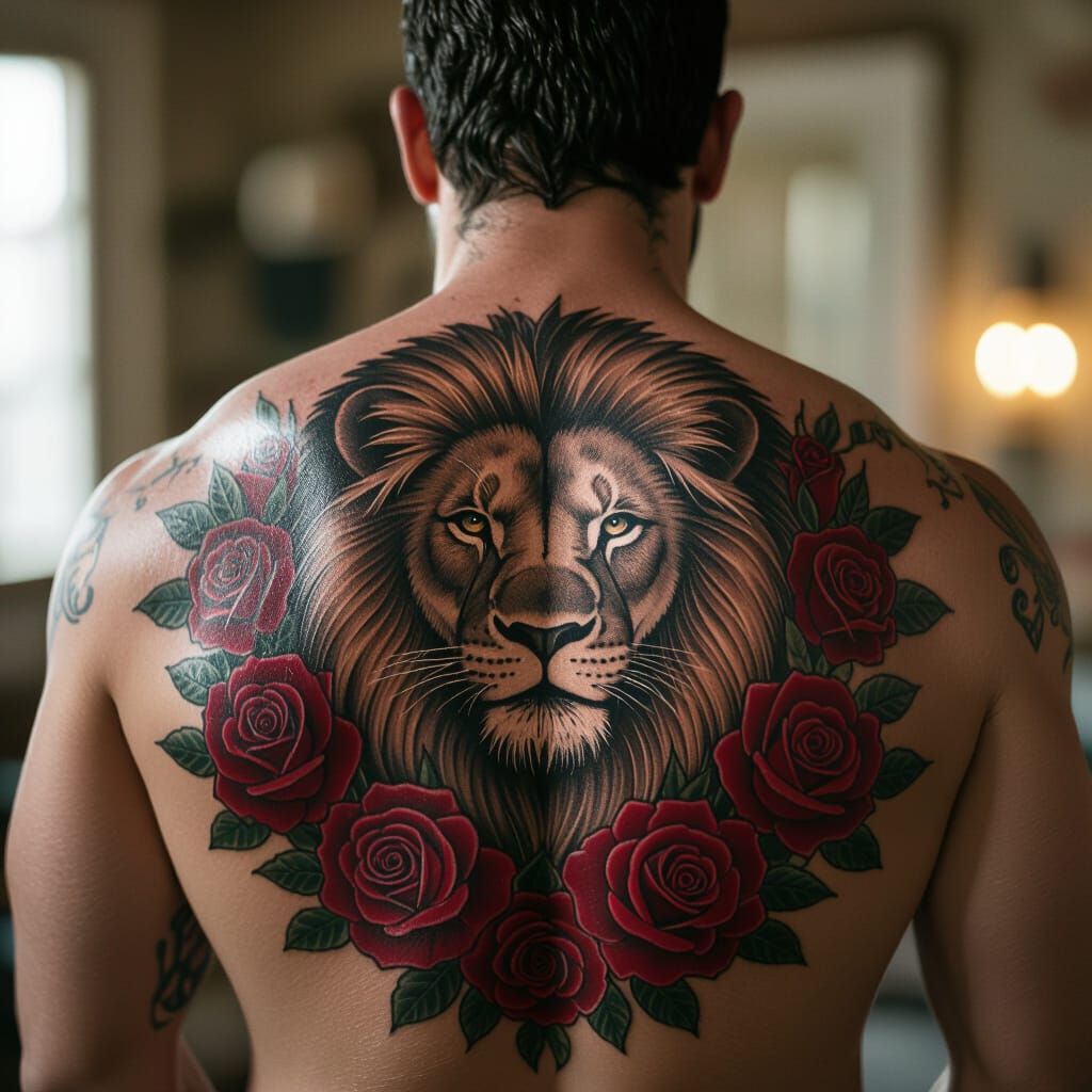 Majestic Lion Tattoo with Crimson Roses