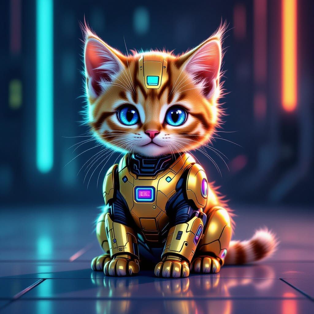 Golden Robot Kitten in Futuristic Digital Art Style