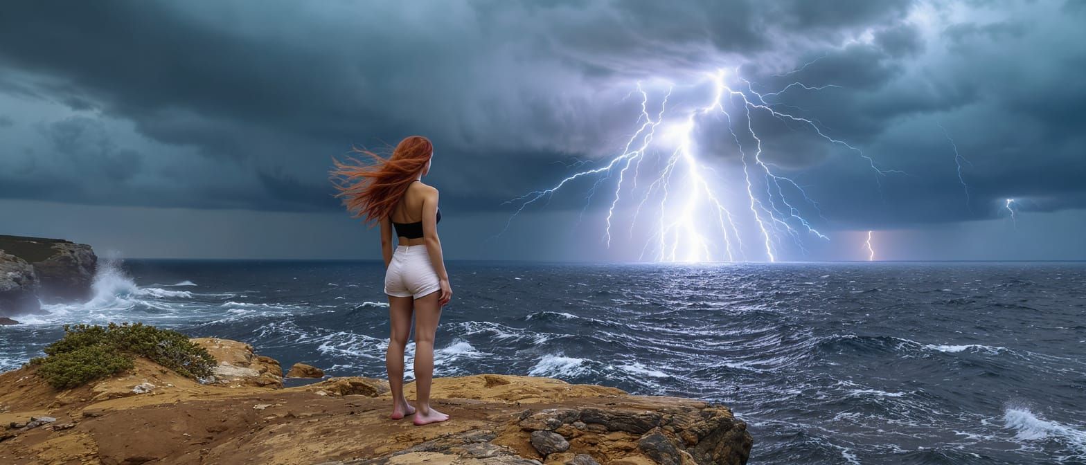 Woman Watches Approaching Storm on Cliffside