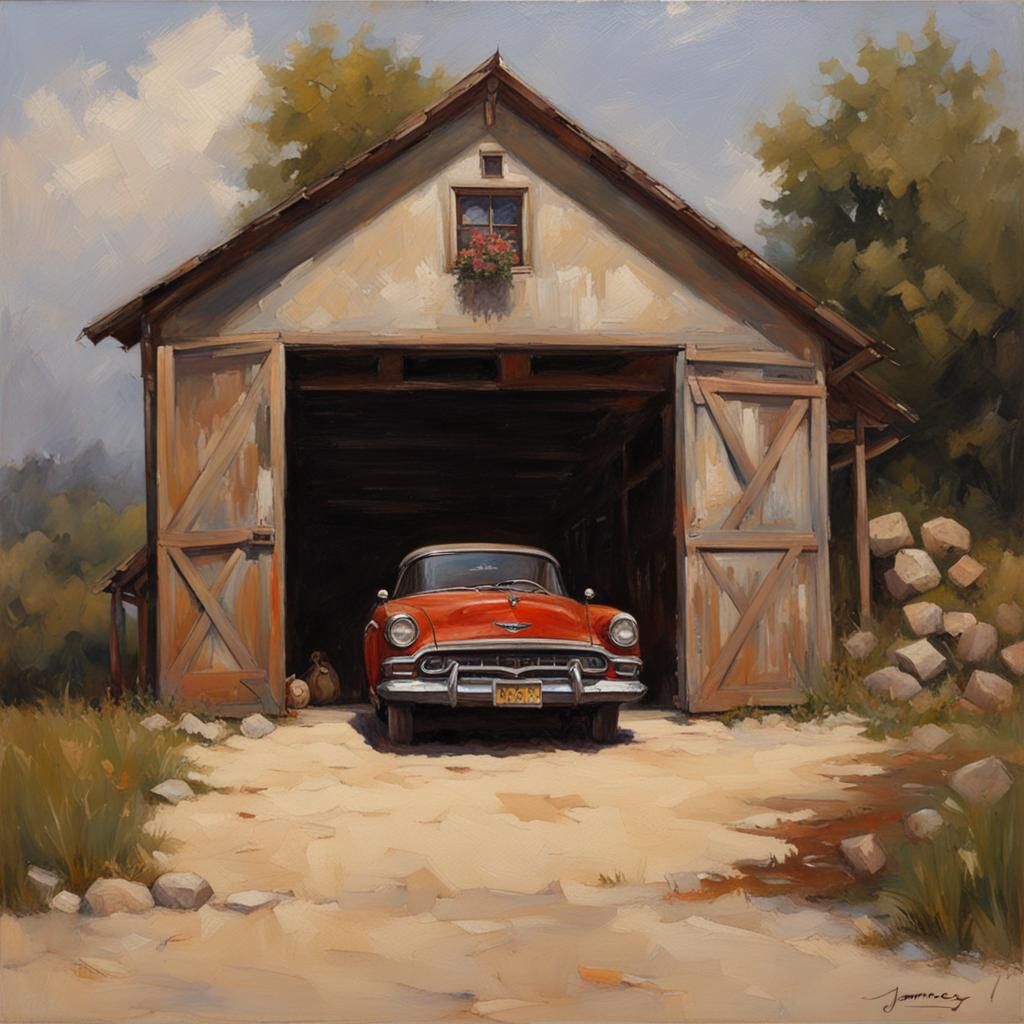 Garage Interior with Car as Oil Painting