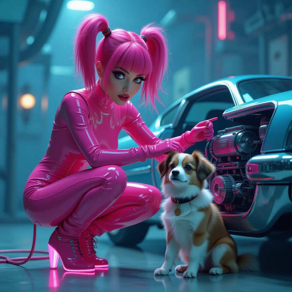 Future Mechanic with Pink Hair Fixing Dog-Powered Car