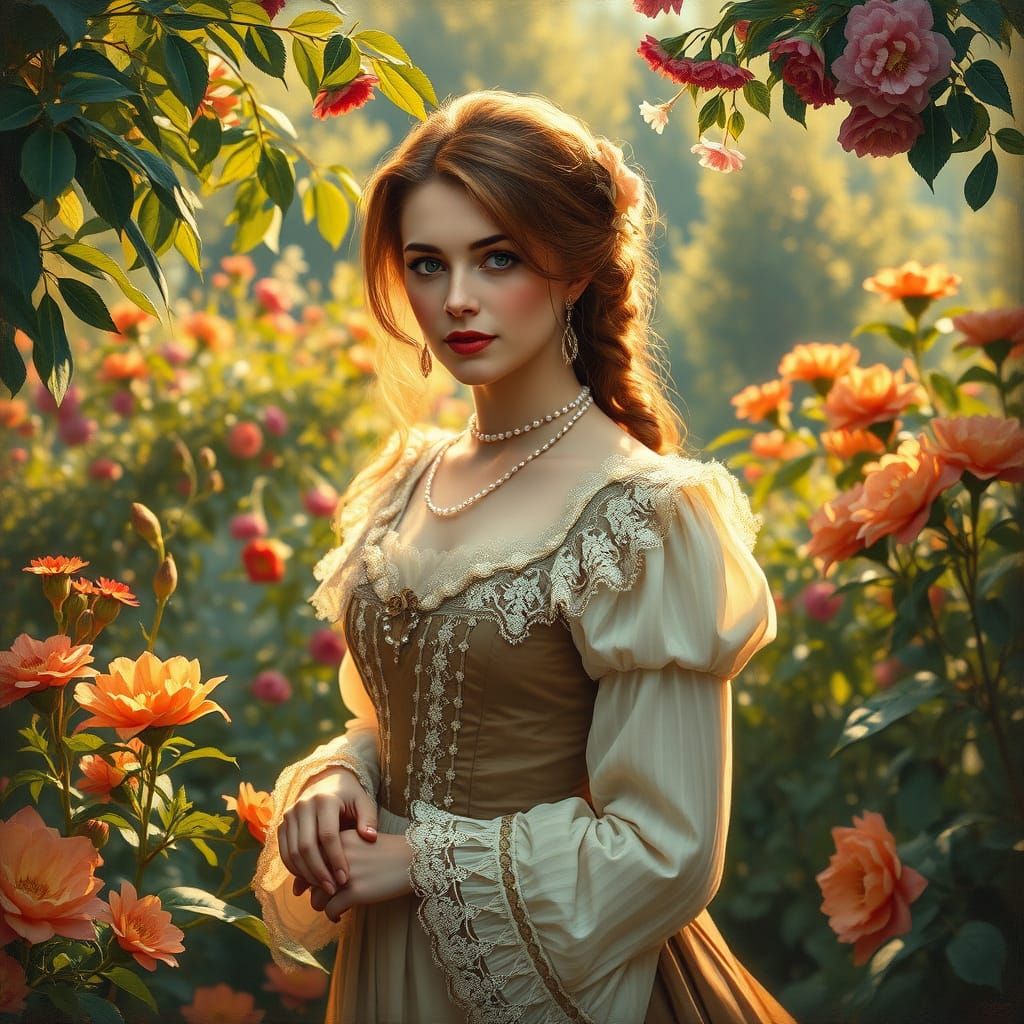 Victorian Woman in Garden, Oil Painting Style