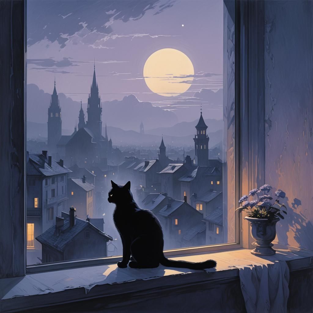 Black Cat Silhouette on Misty Windowsill