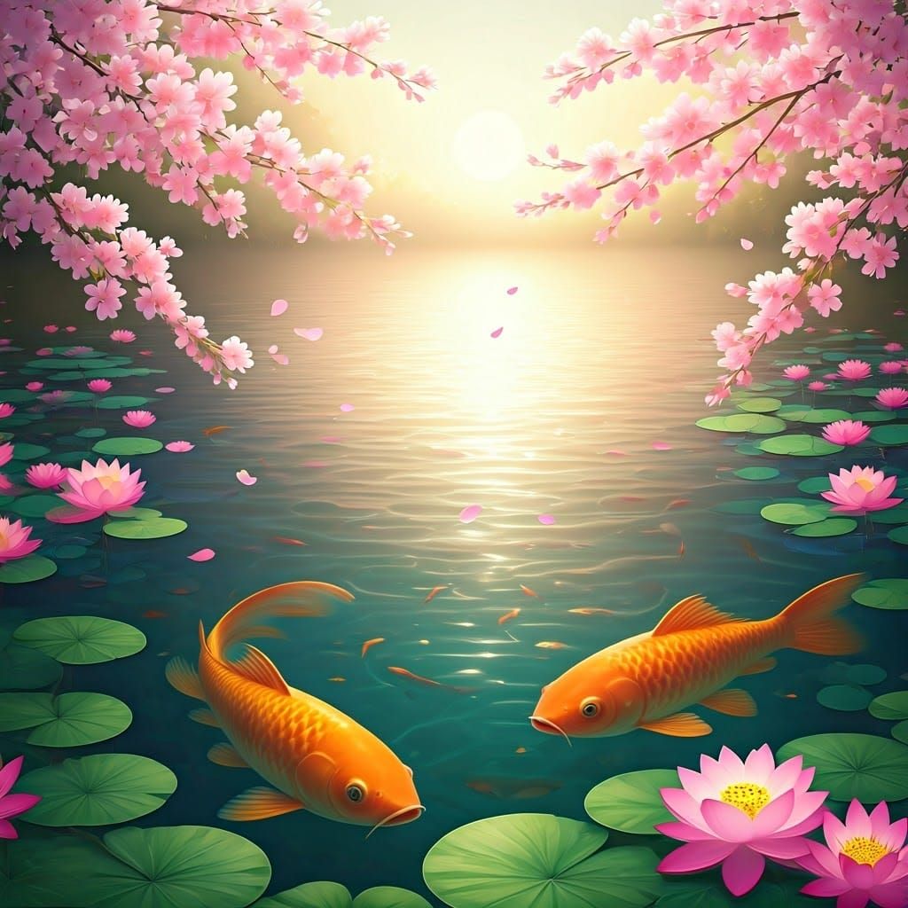 Cherry Blossoms and Coy Fish in Surreal Waterscape