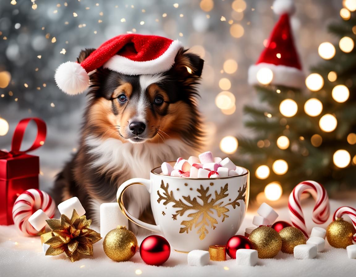 Festive Sheltie Puppy Hot Chocolate Christmas Scene