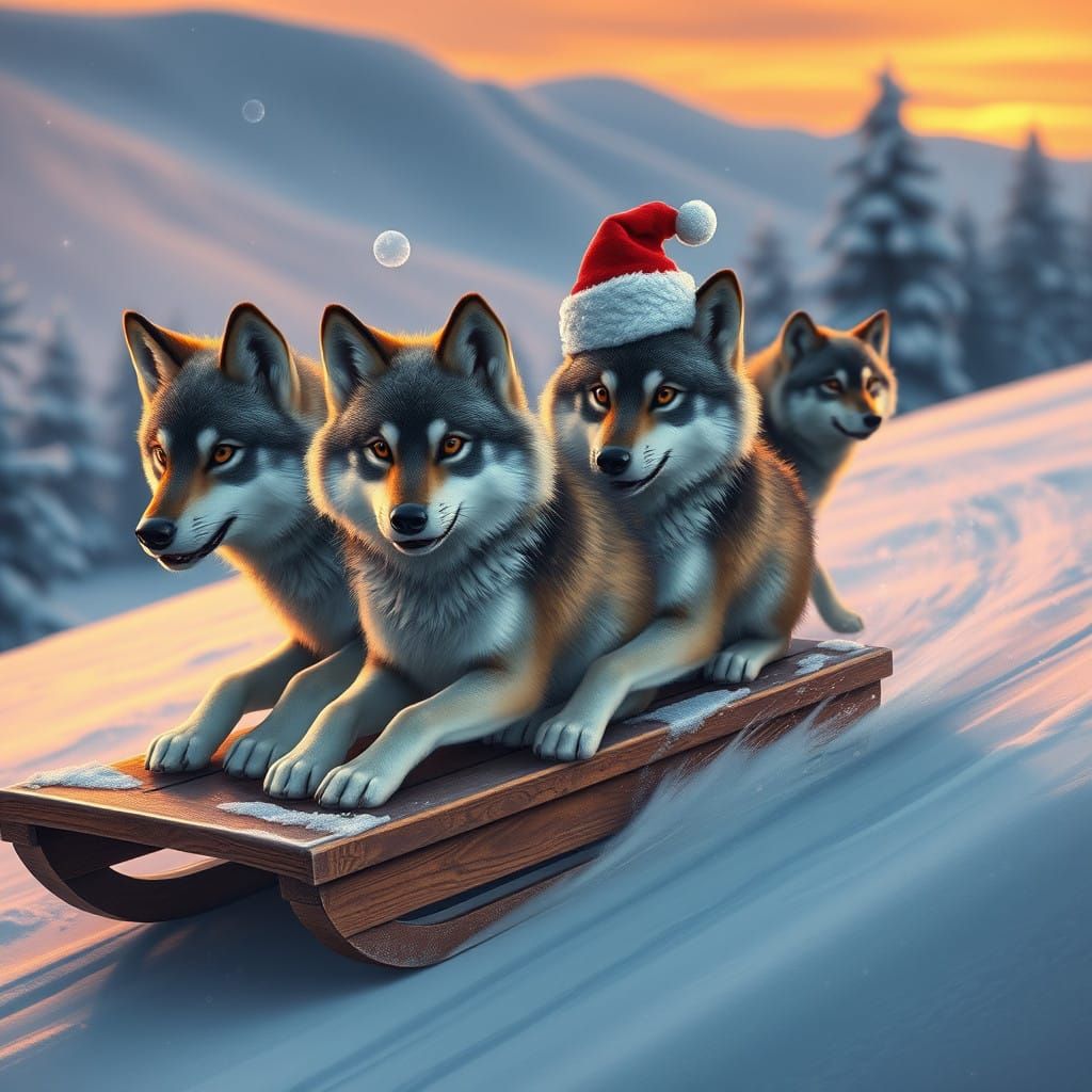 Whimsical Wolf Siblings Sled in Vintage Style