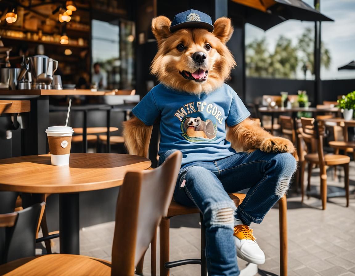 Anthropomorphic Dog in Cafe: Full Body Photo