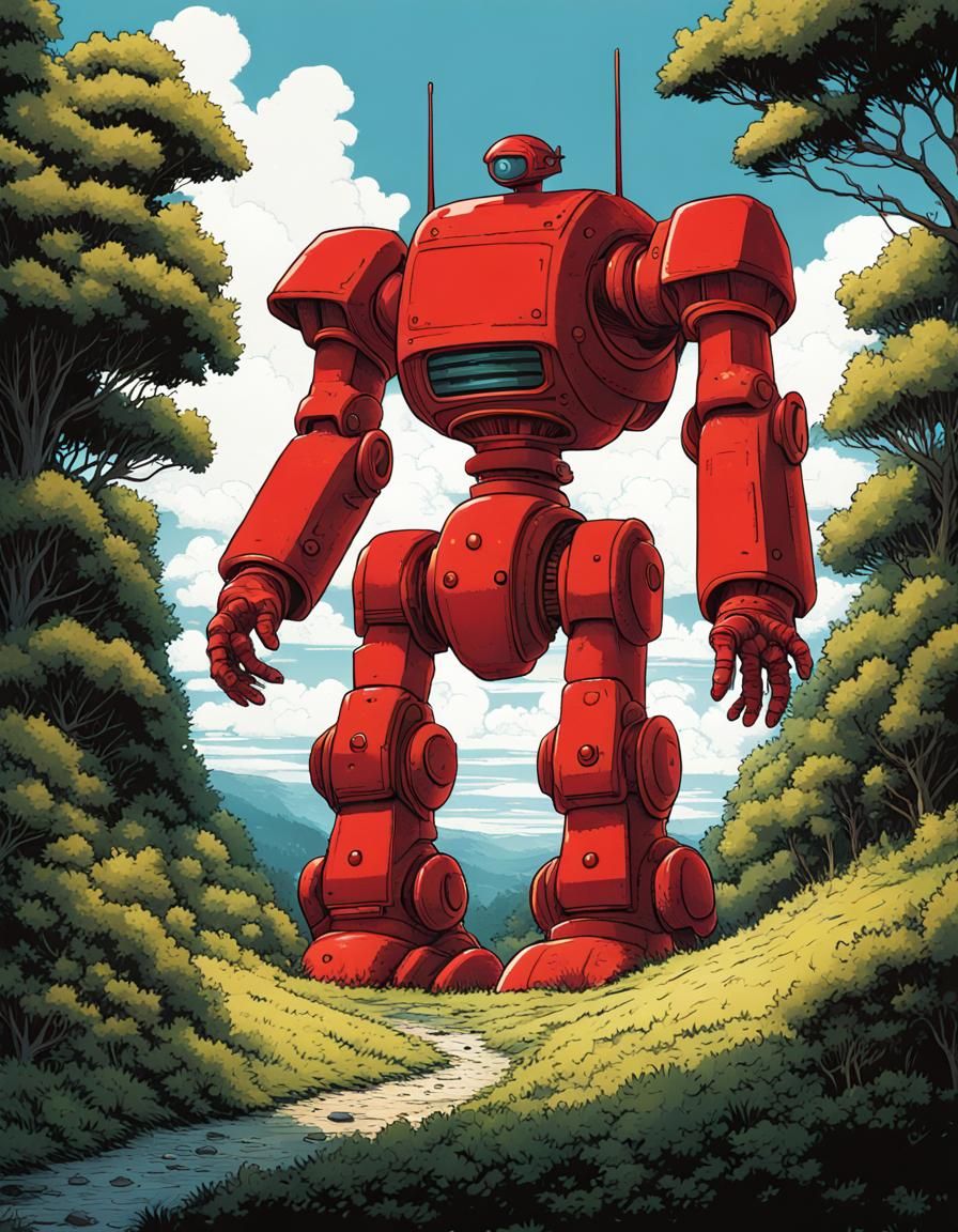 Giant Red Robot in Nature, Ghibli Art Style
