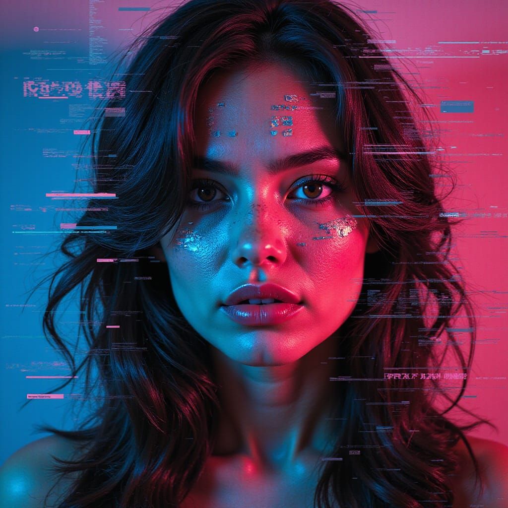 A portrait of a woman, her face fragmented into pixels and g...