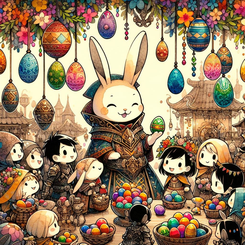 Whimsical Easter Village in Anime-Inspired Ink and Watercolo...