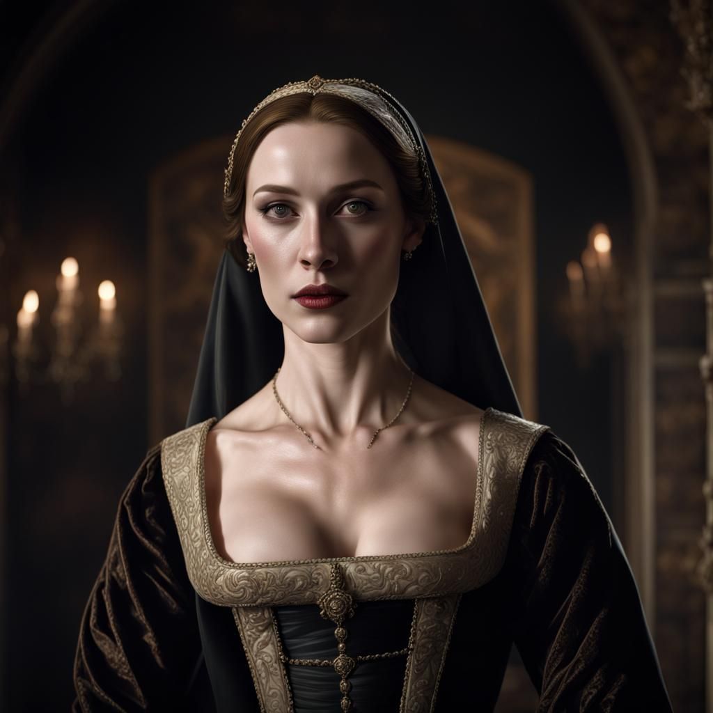 Tudor Woman in Black Gown: Detailed Fantasy Portrait