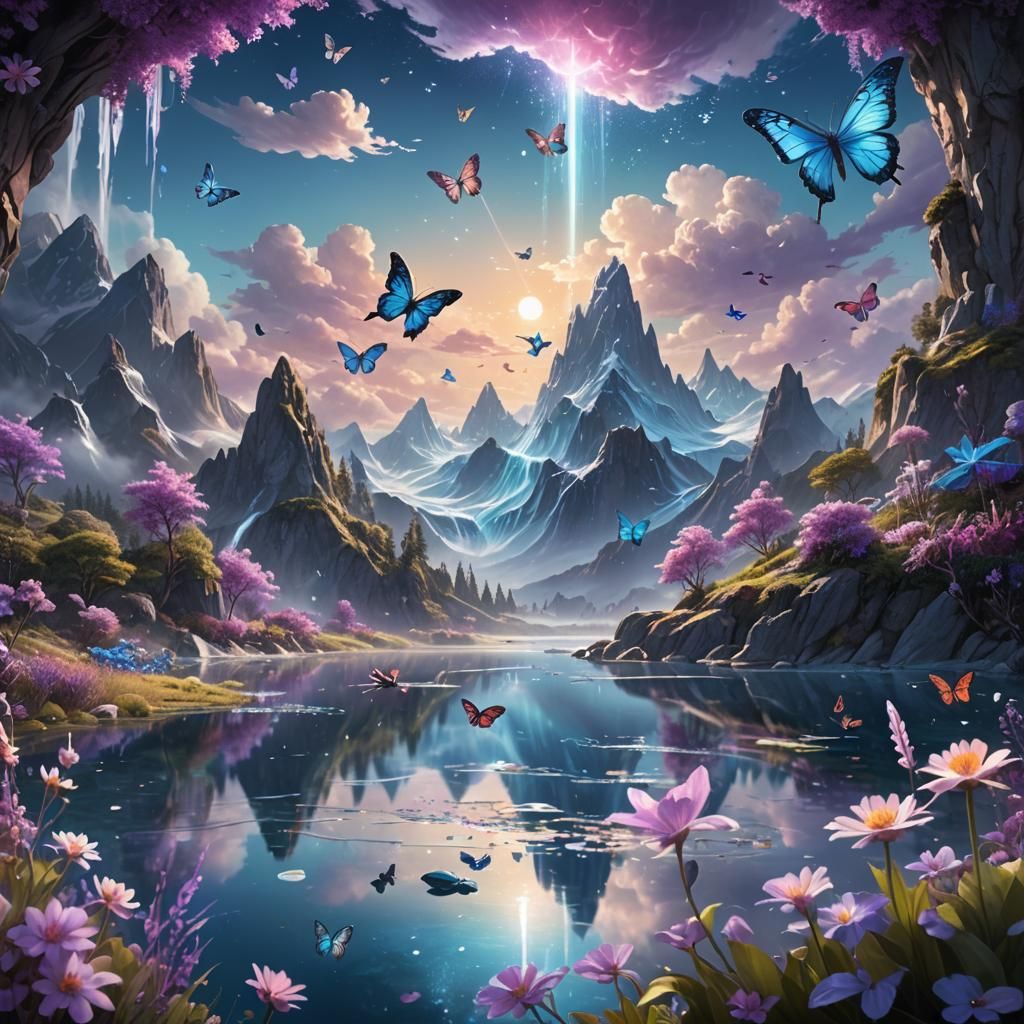 Ethereal Landscape with Crystal Mountains and Waterfalls