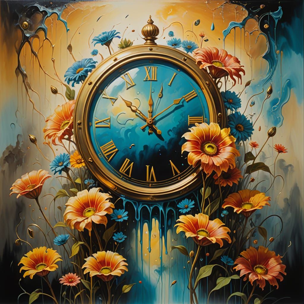 Ethereal Surrealism: Melting Clock in Vibrant Bloom