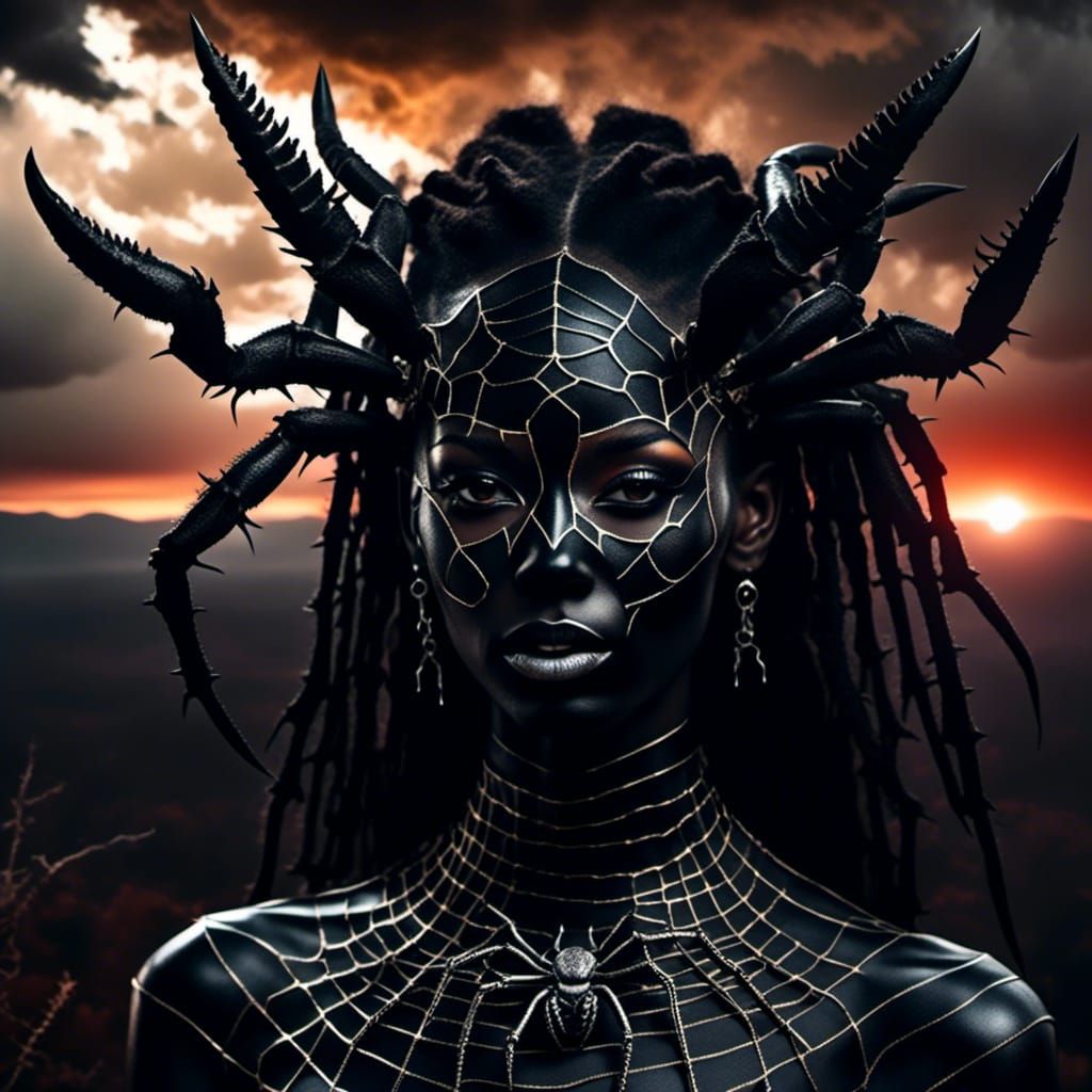Spider-Woman Chimera in Dark Forest Sunset