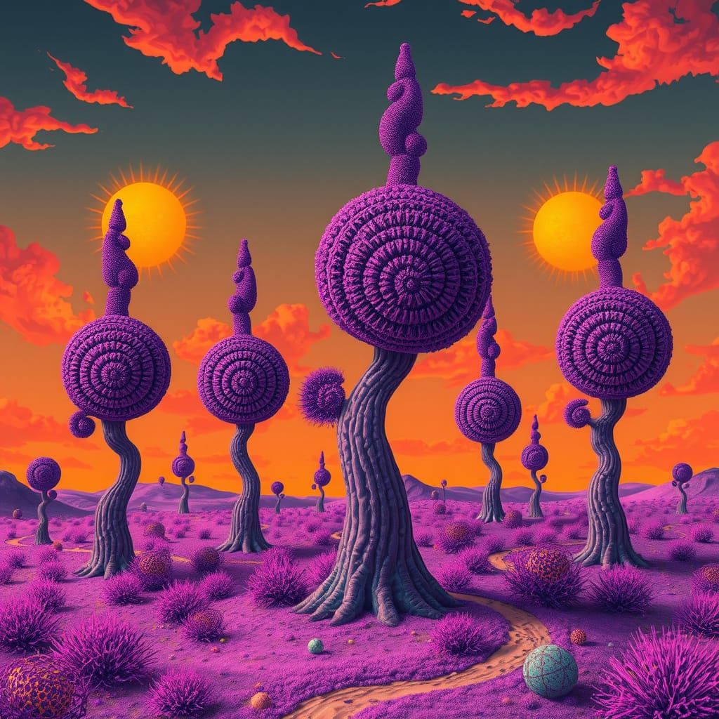Surreal Landscape in Vibrant Orange Skies with Purple Trees ...