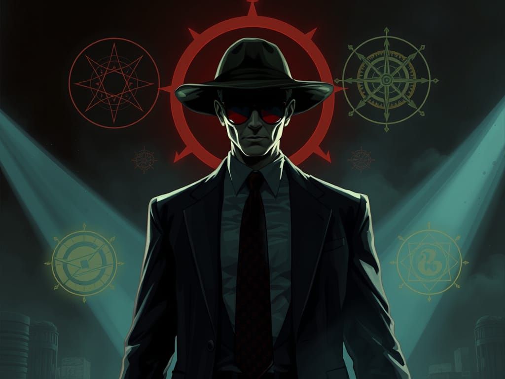 Mysterious Figure Amidst Eerie Symbols and Dark Lighting