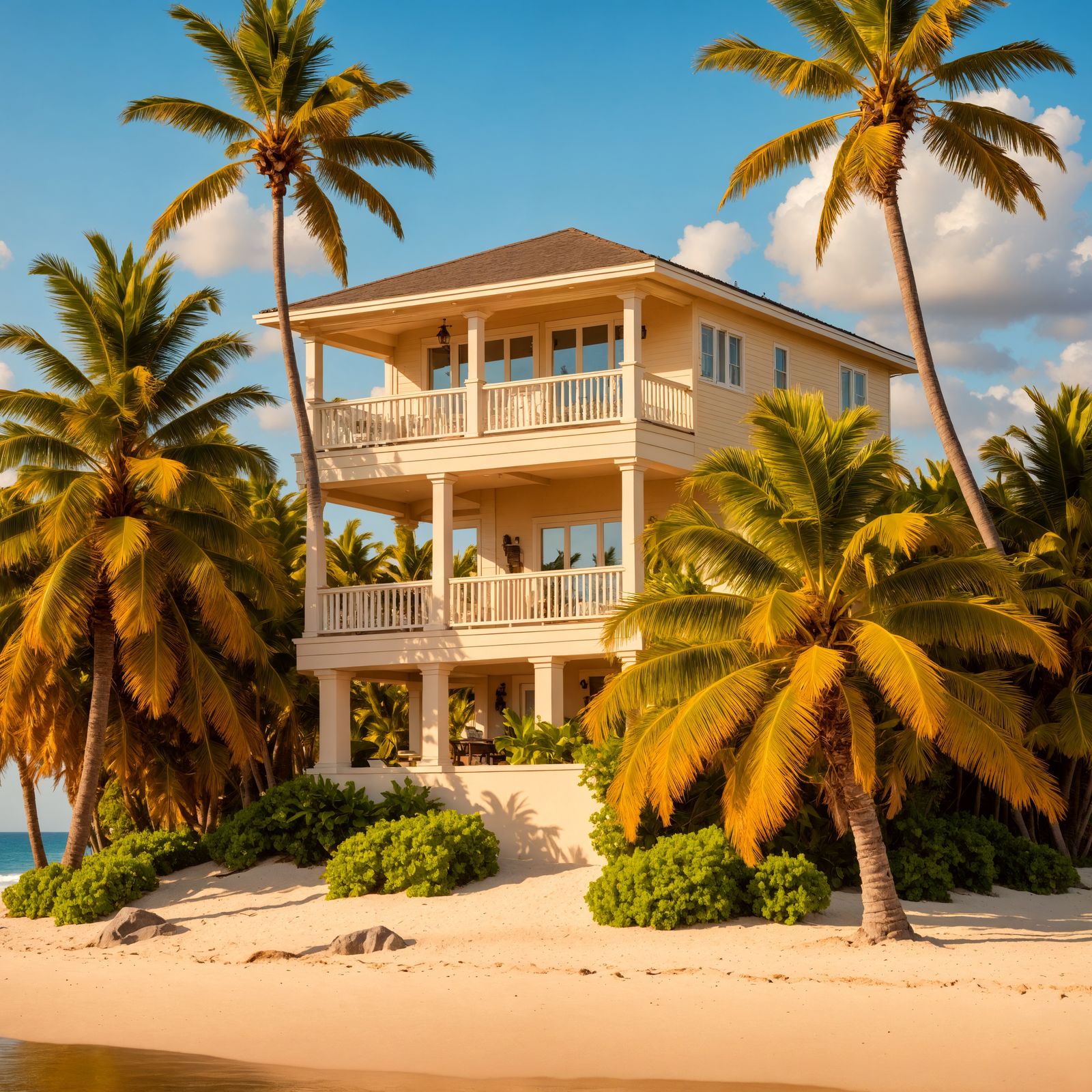 Hyperrealistic Beach House with Palm Trees by Ocean