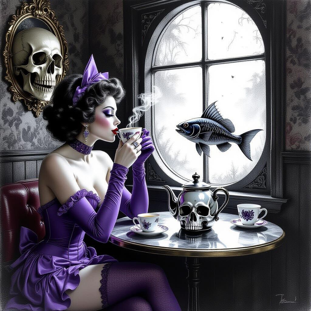 Diva Drinks From Eagleskull Coffeepot in Surreal Cafe