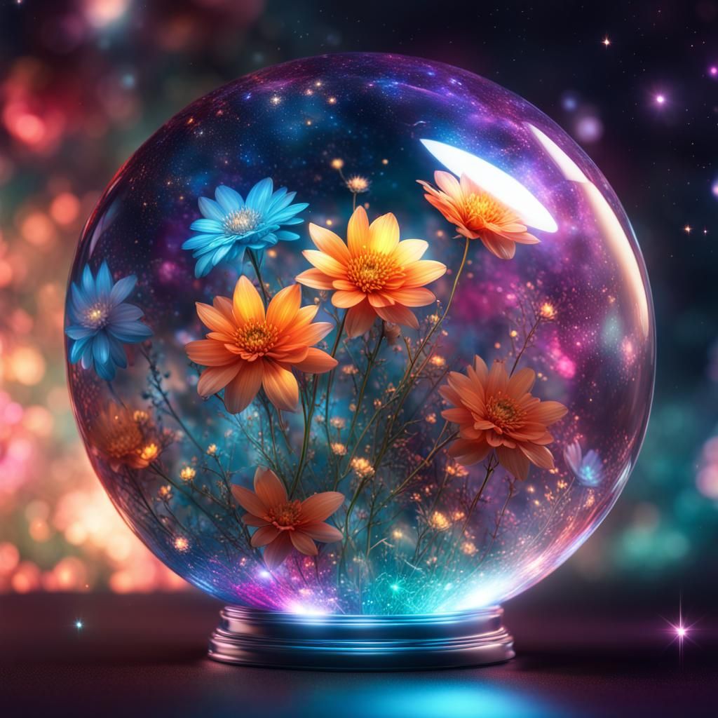 Magical Flowers in Illuminated Glass Sphere