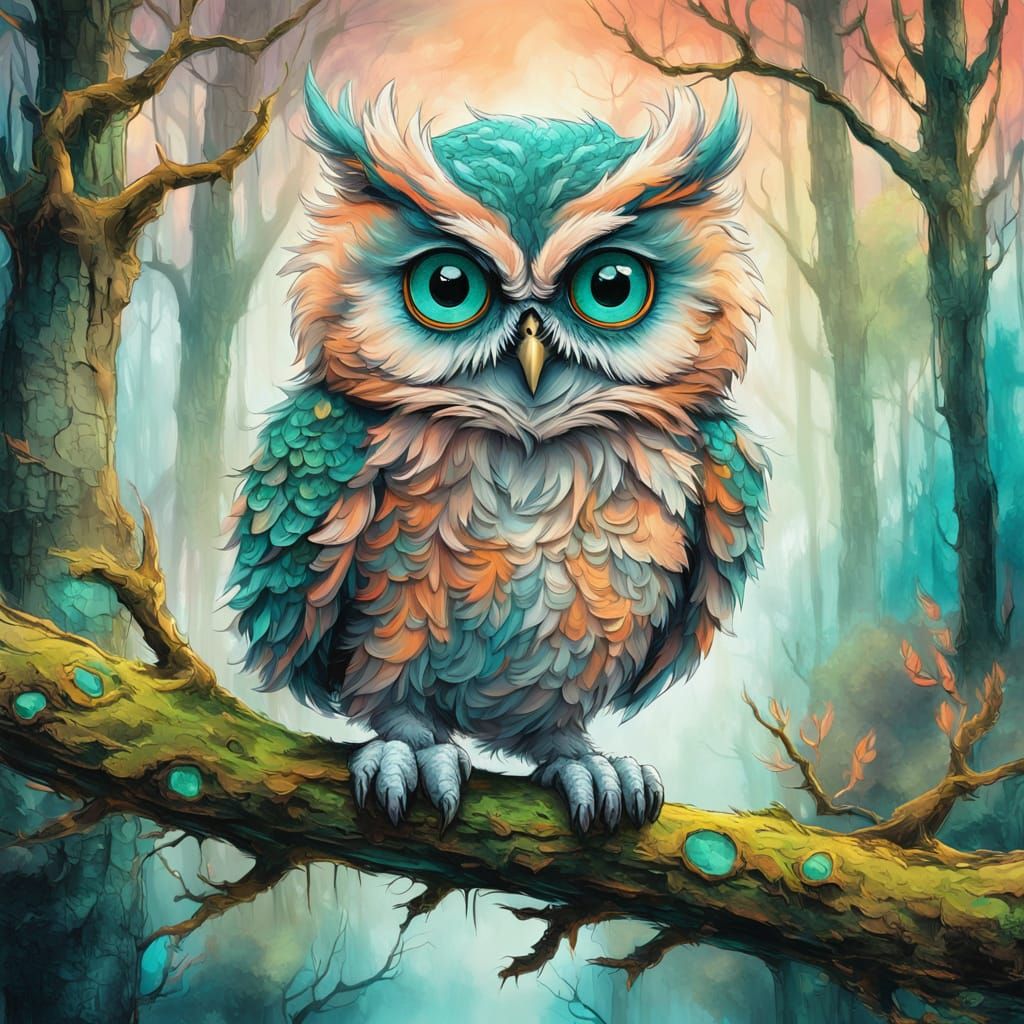 Fluffy Baby Owl on Mossy Branch in Misty Forest