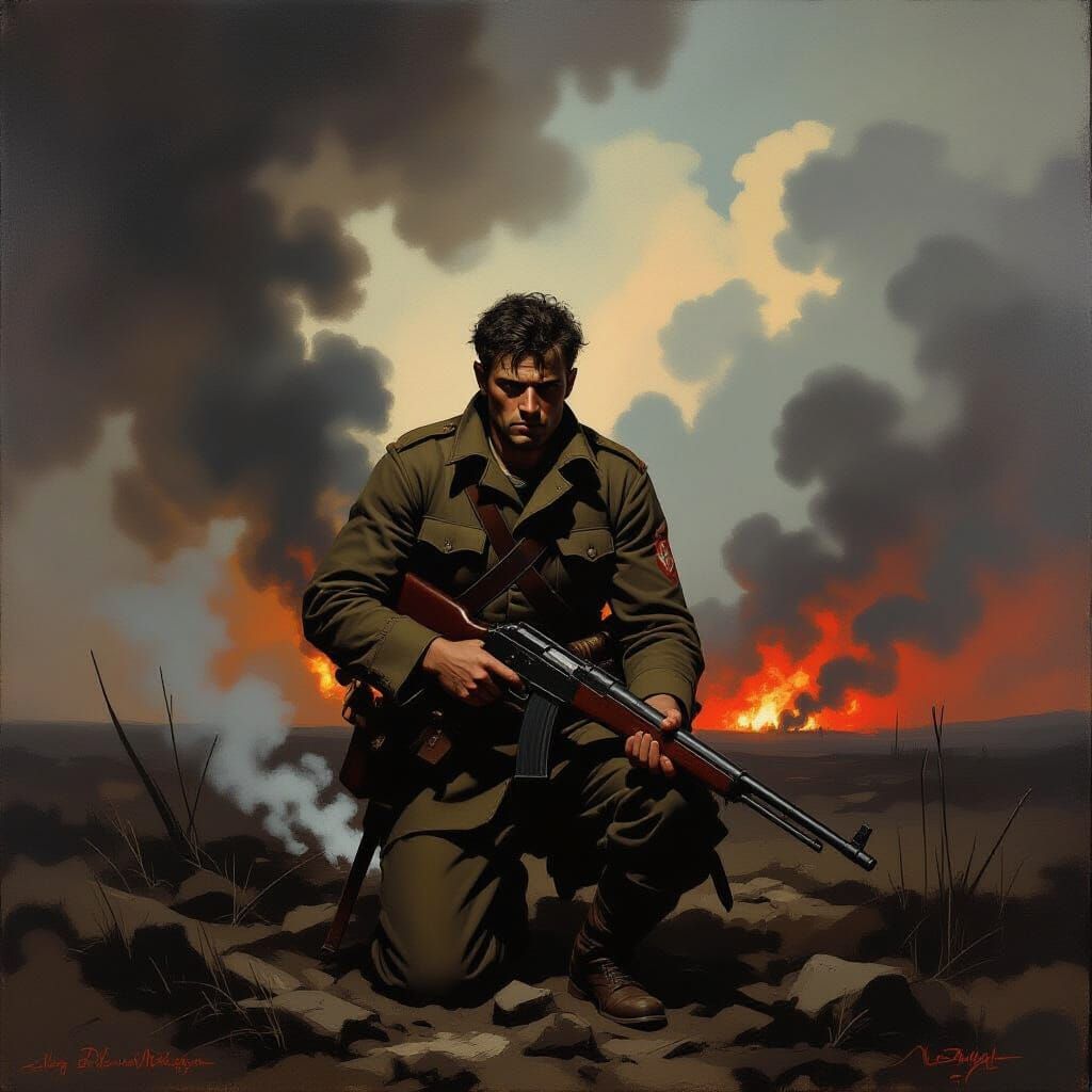 Soldier in Desolate Battlefield Oil Painting