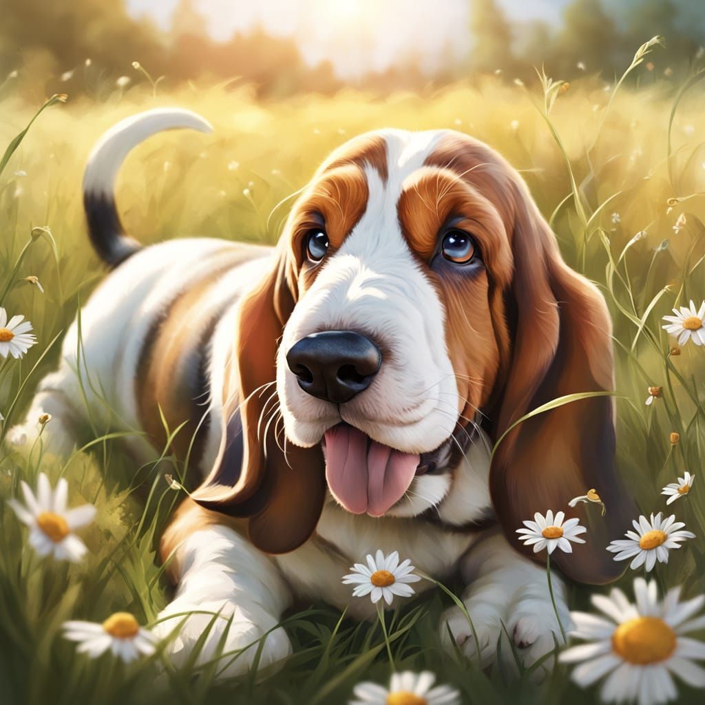 Adorable Basset Hound Puppy in Wildflower Field