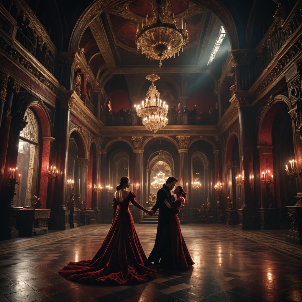 Vampire Couple Dancing in Gothic Hall: Digital Painting