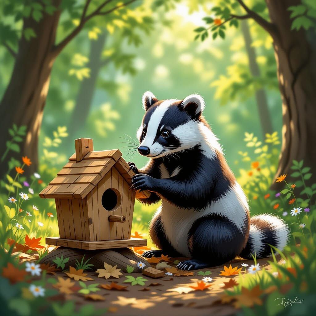 Badger Crafts Birdhouse in Sun-Dappled Forest: Concept Art