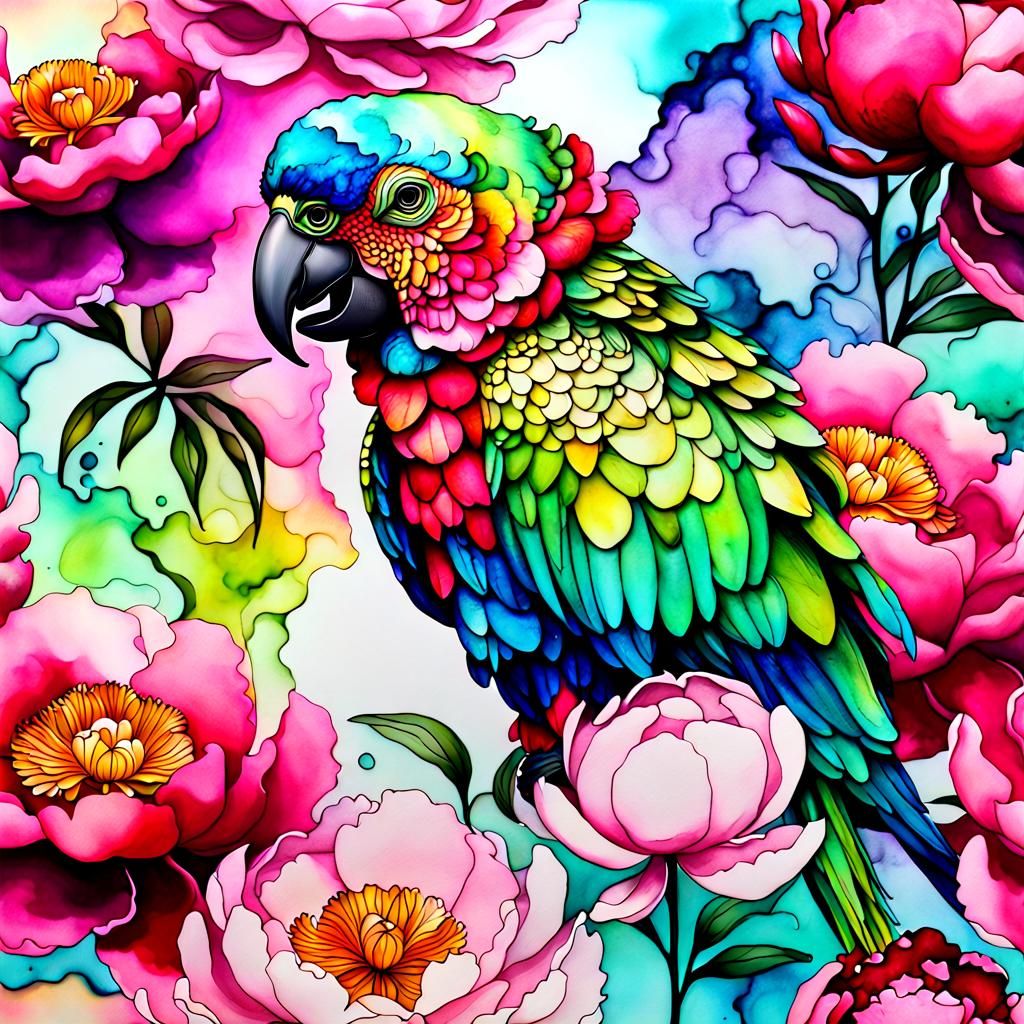 Otherworldly Alcohol Ink Peonies and Parrot