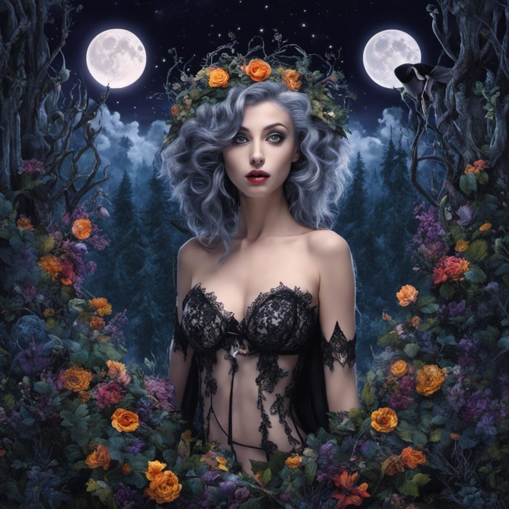 Gothic Tim Burton Woman in Midnight Forest