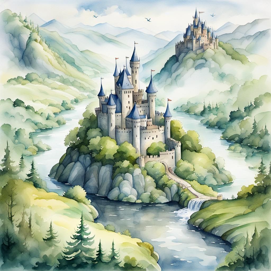 Watercolor Castle Landscape: Aerial Fantasy Scene