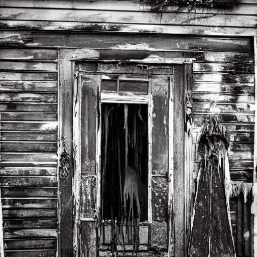 Goth Model in Decaying House, Grainy B&W Film Style