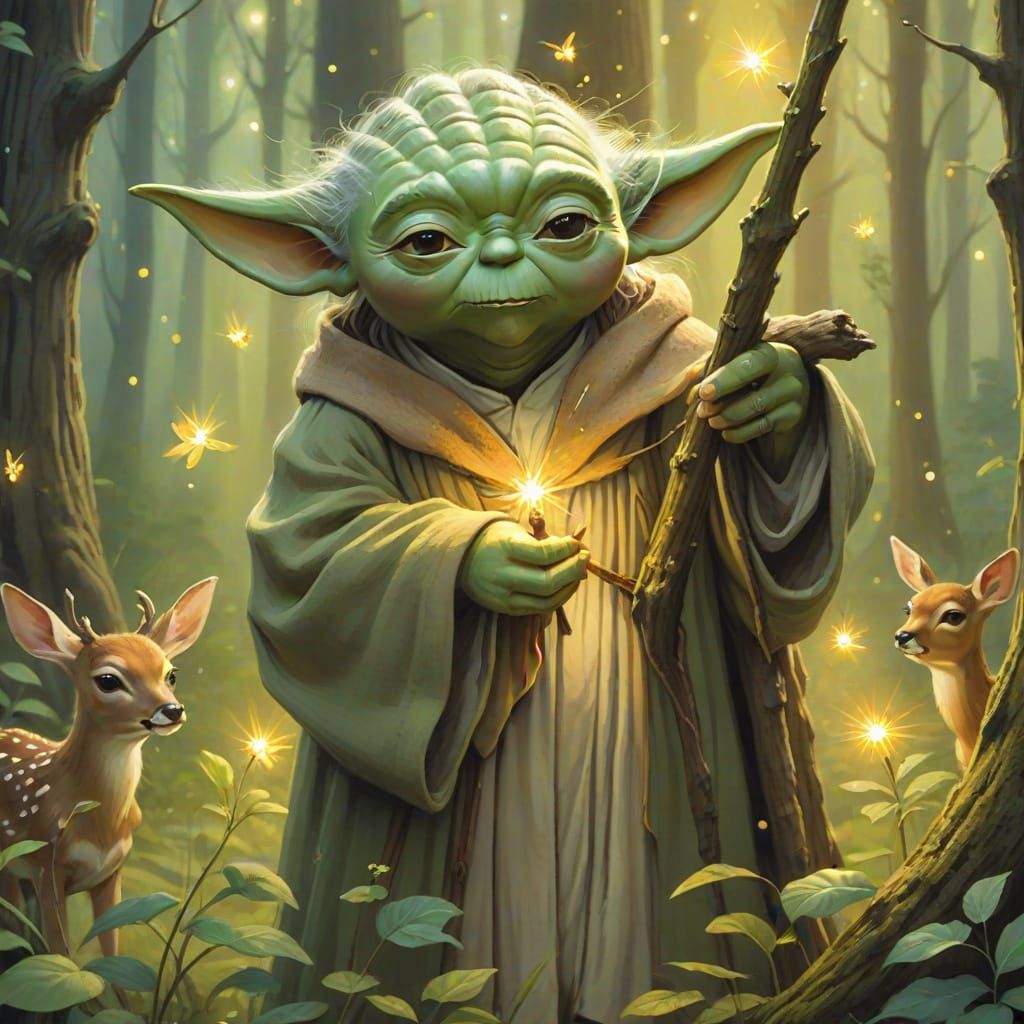 Yoda and Deer in Forest: Gouache Painting