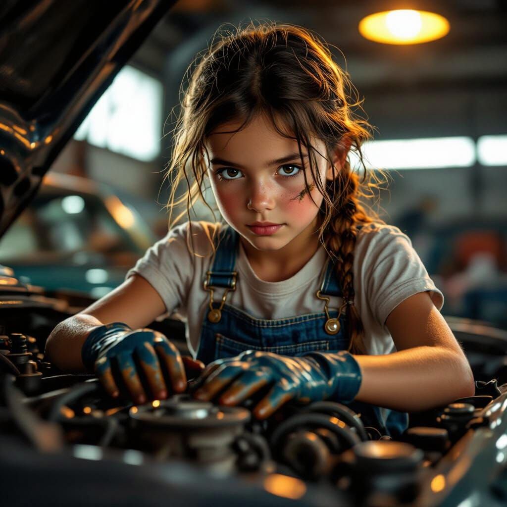 Girl Mechanic Working on Vintage Car Engine