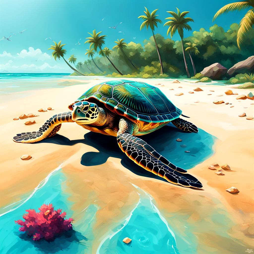 Tropical Turtle on Golden Beach: Fantasy Concept Art