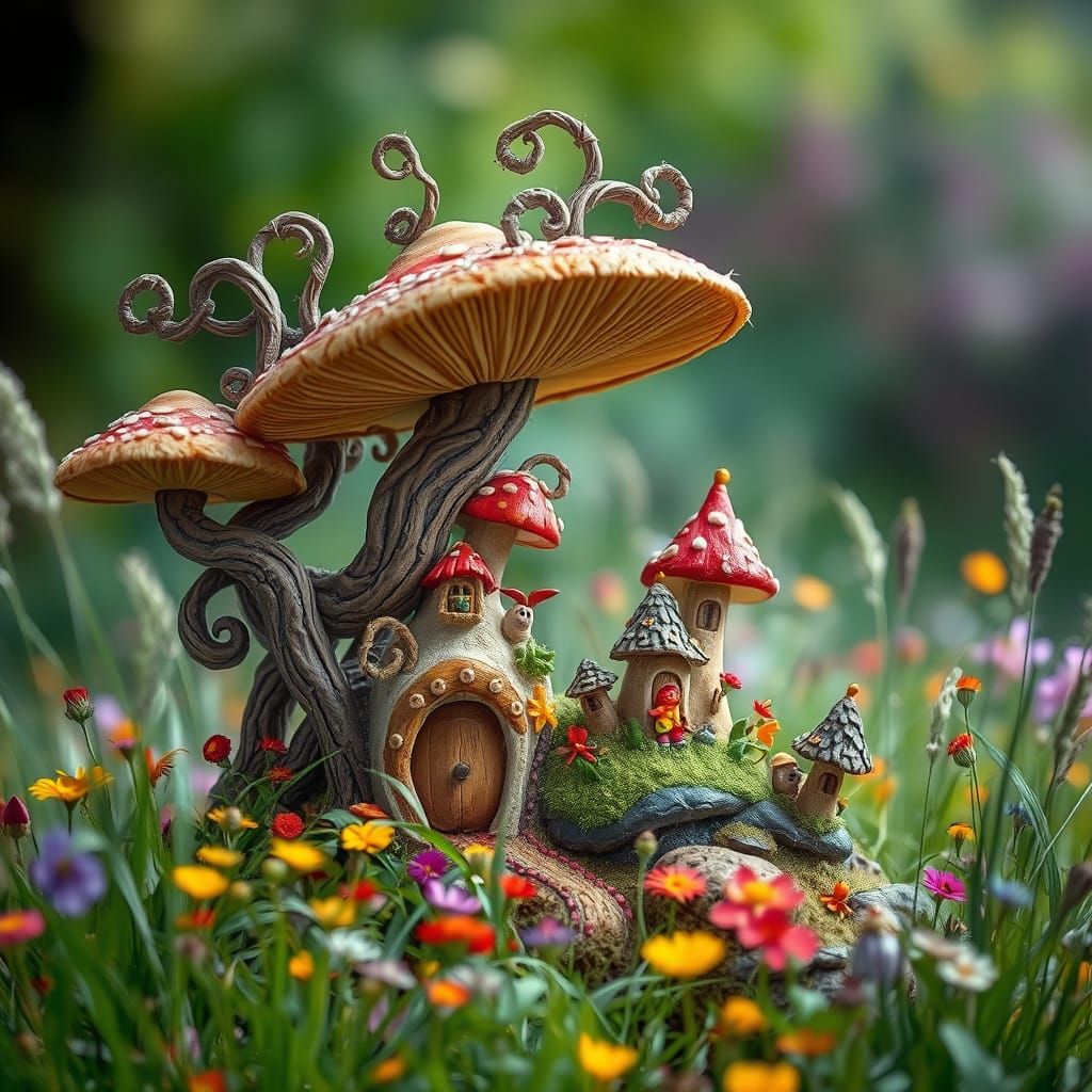 Whimsical Mushroom Village in a Lush Fantastical Meadow