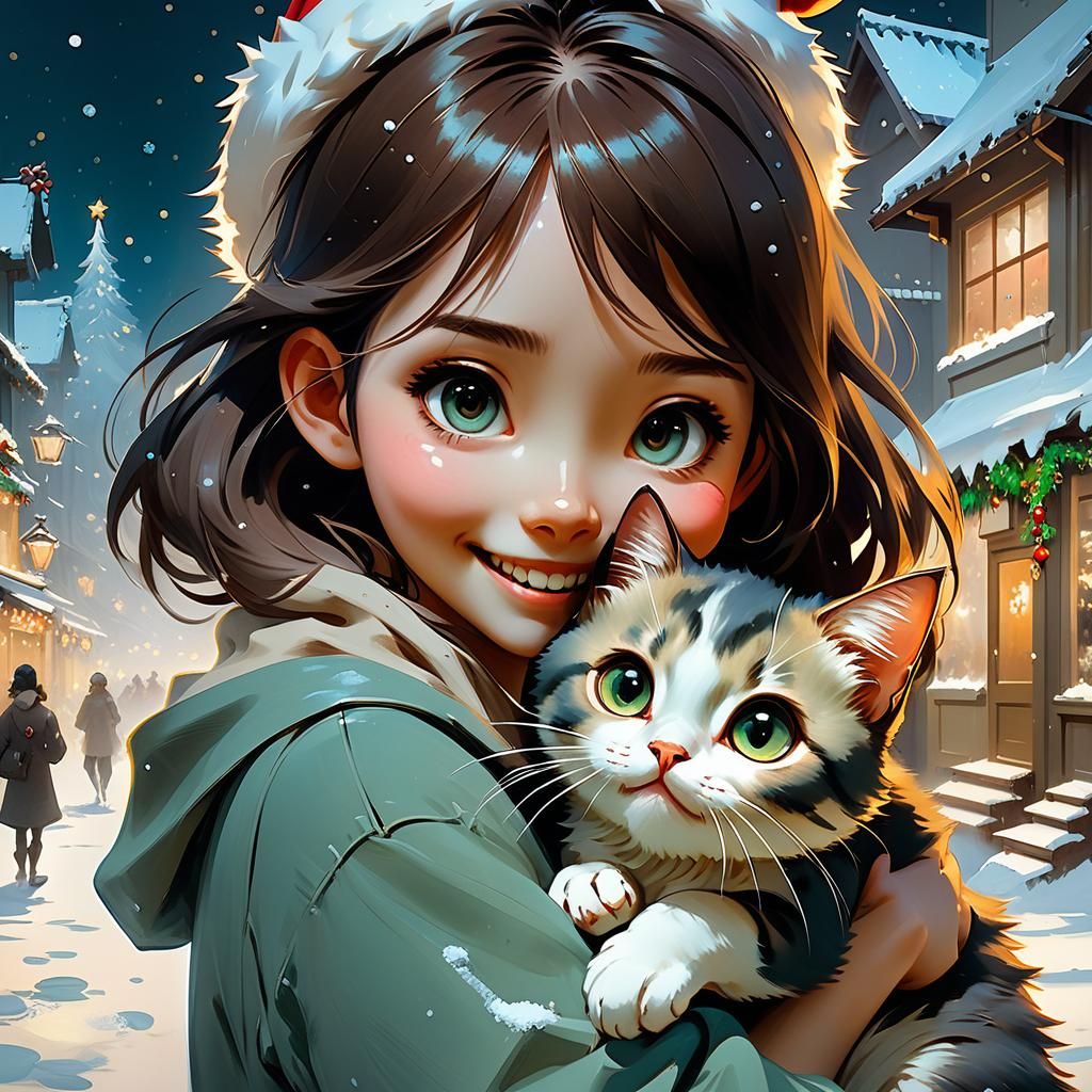 Girl and Kitten Christmas Oil Painting