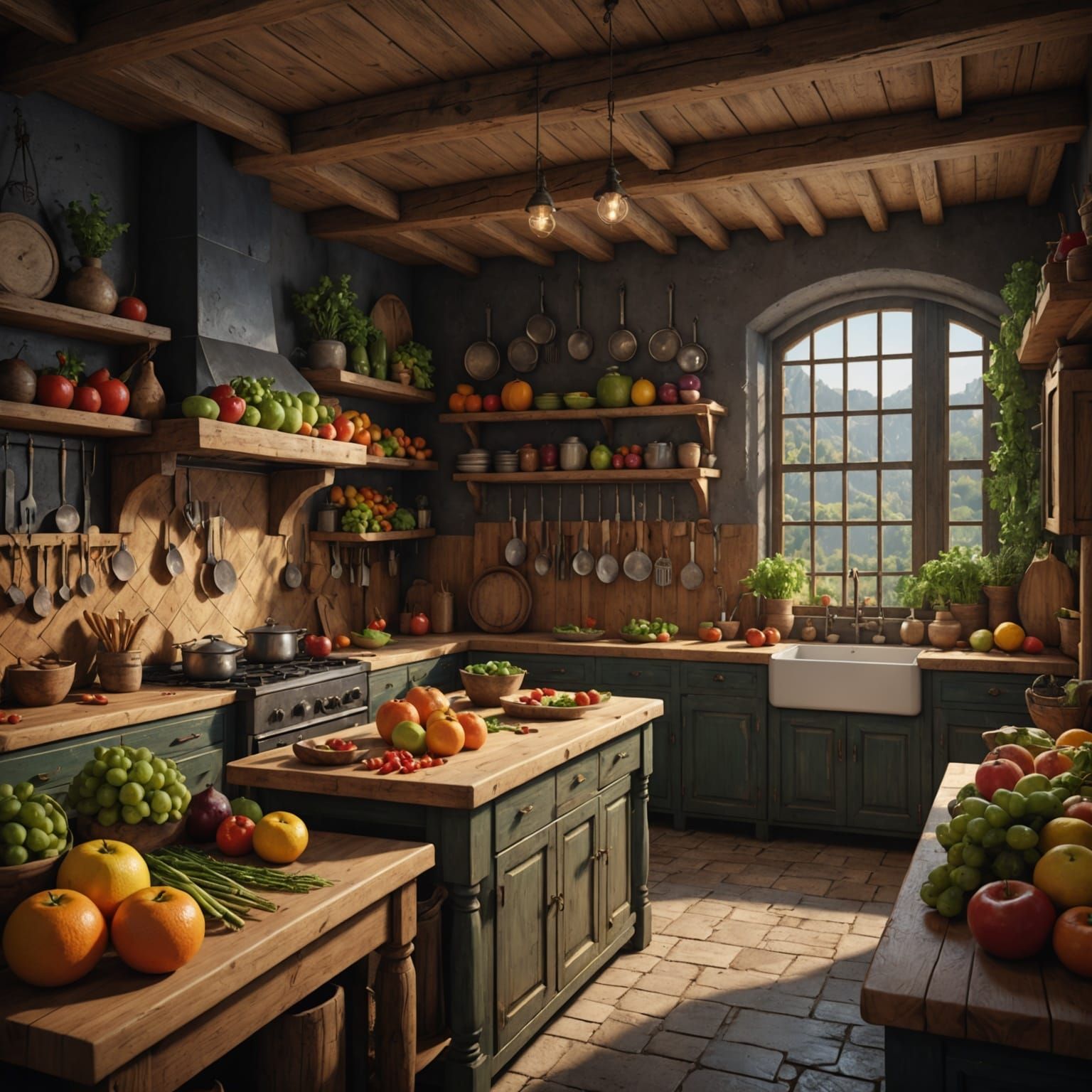 Rustic Kitchen with Butcher Block in Matte Painting Style