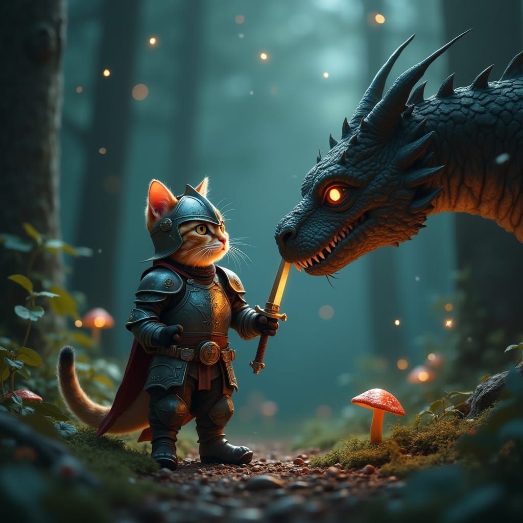 Feline Knight in Dark Fantasy Forest