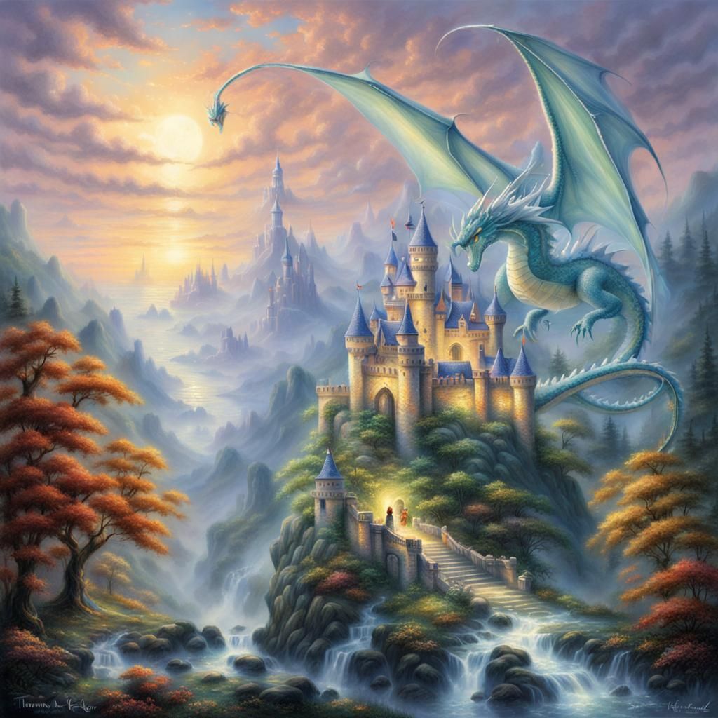 Crystal Dragon and Castle in Ethereal Mist