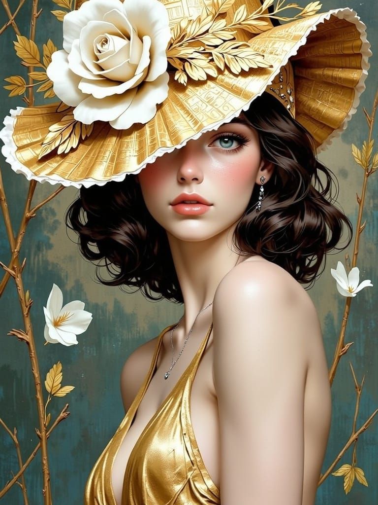 Elegant 1920s Woman with Rose, Surreal Illustration